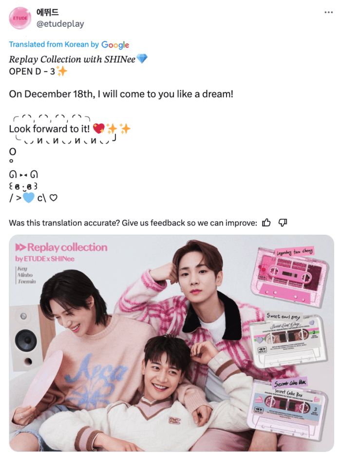 Tweet from Etude House announcing a new product line and collab with SHINee